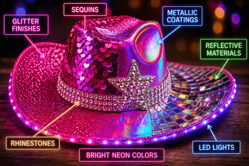 A dazzling disco cowboy hat featuring glitter finishes, sequins, rhinestones, metallic coatings, reflective materials, bright neon colors, and glowing LED lights.