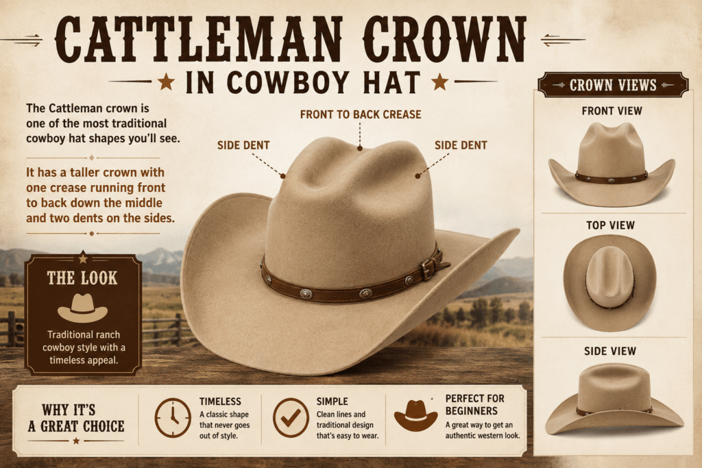 Infograpahic explaining Cattlemen Crown Shape Cowboy Hat Infograpahic explaining Cattlemen Crown Shape Cowboy Hat