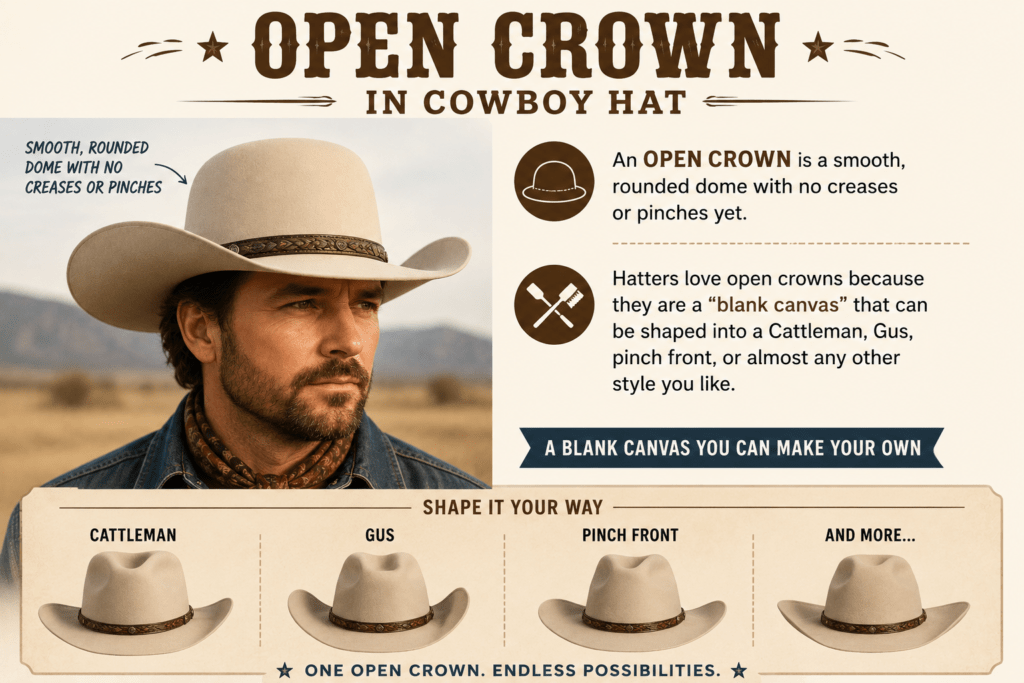 Infographic Illustrating Open Crown in Cowboy Hat Infographic Illustrating Open Crown in Cowboy Hat