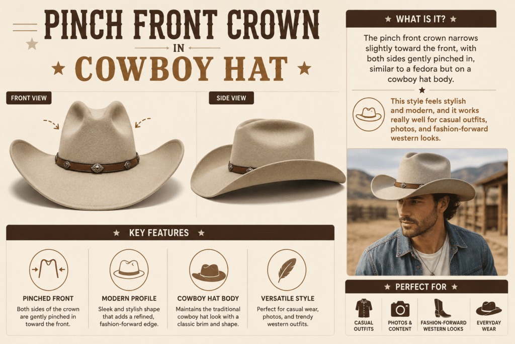 Infographic Illustrating Pinch Front Crown in Cowboy Hat