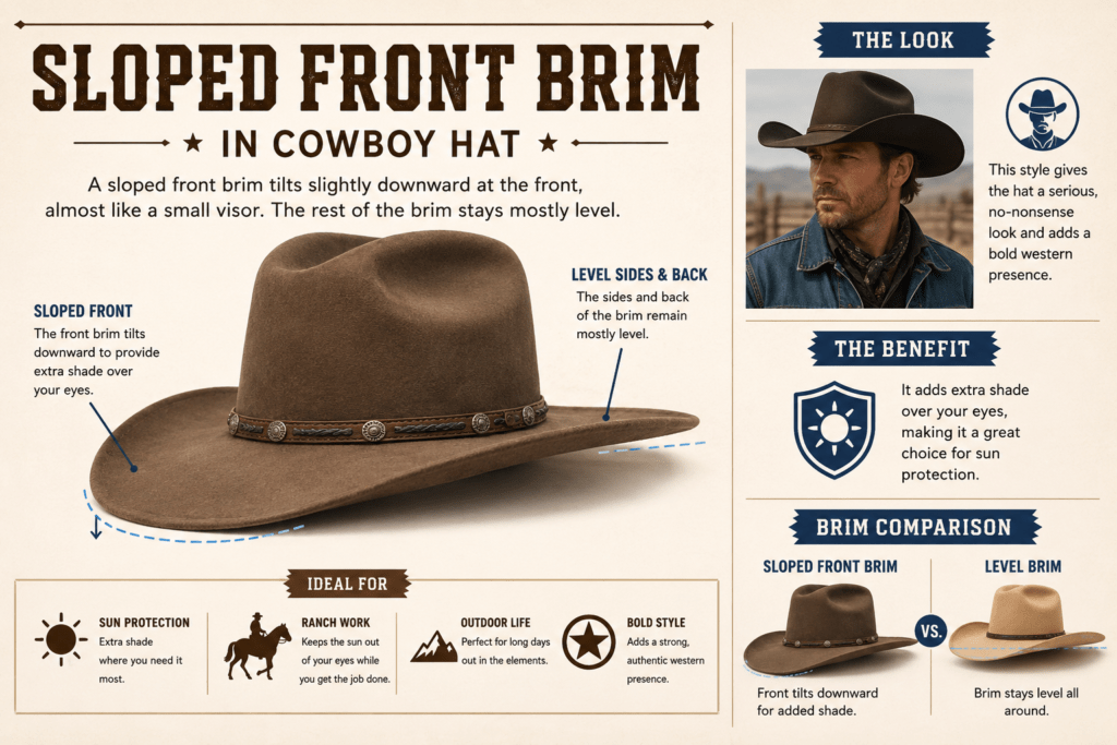 Infographic illustrating Sloped Front Brim in Cowboy Hat