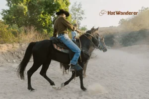 A horse riding trainer teaching horse riding skills to a young girl