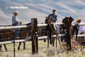 A couple of cowboys talking to a women near fence of ranch.