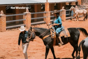 "A cowboy escorting a lady on horseback through the ranch."