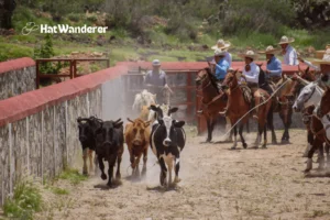 A group of cowboy herding a herd of cows toward grazing ground