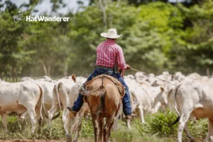 A cowboy herding his herd of cows in grazing ground
