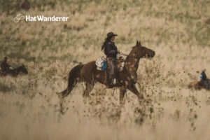 A young cowgirls riding a horse in the wild west