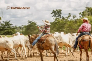 A young cowgirl assisting cowboys in herding a herd of cows