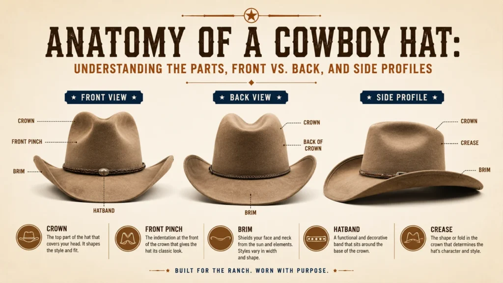 Anatomy of Cowboy Hats Understanding the Parts, Front vs. Back, and Side Profiles