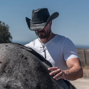 Hollywood Mens Black Leather Cowboy Hat