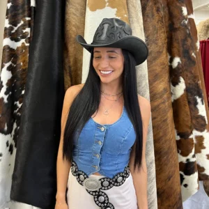 Renegade Womens Black Pinch Front Curled Western Leather Cowgirl Hat