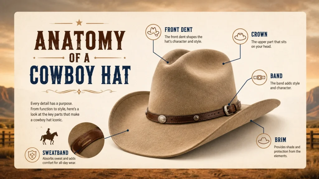 anatomy of cowboy hats showing crown, brim, band, sweatband, and dent