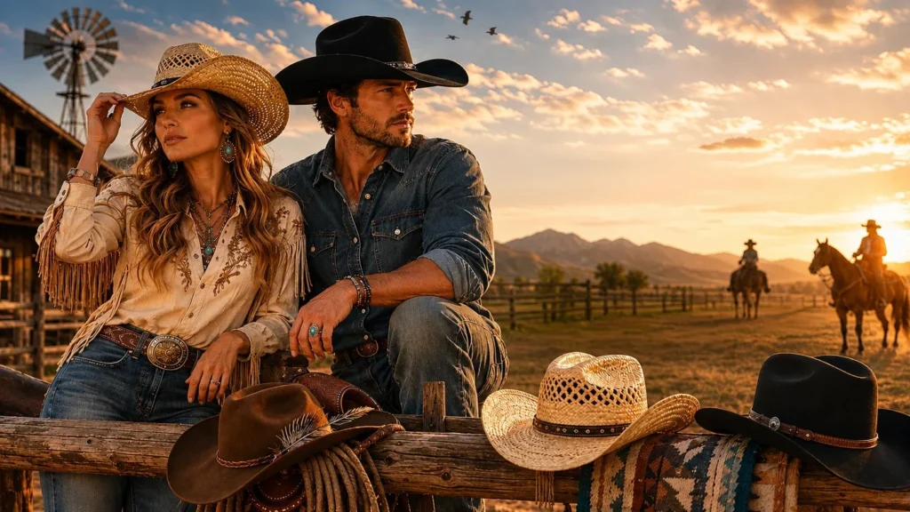 An image of Cowboy Ranch showing a couple wearing fashionnable cowboy hats